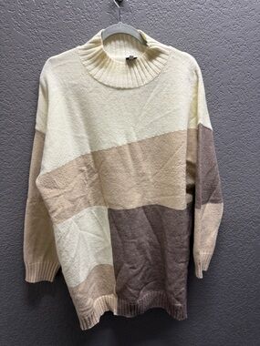 Cream and Brown Colorblock Mock Neck Sweater